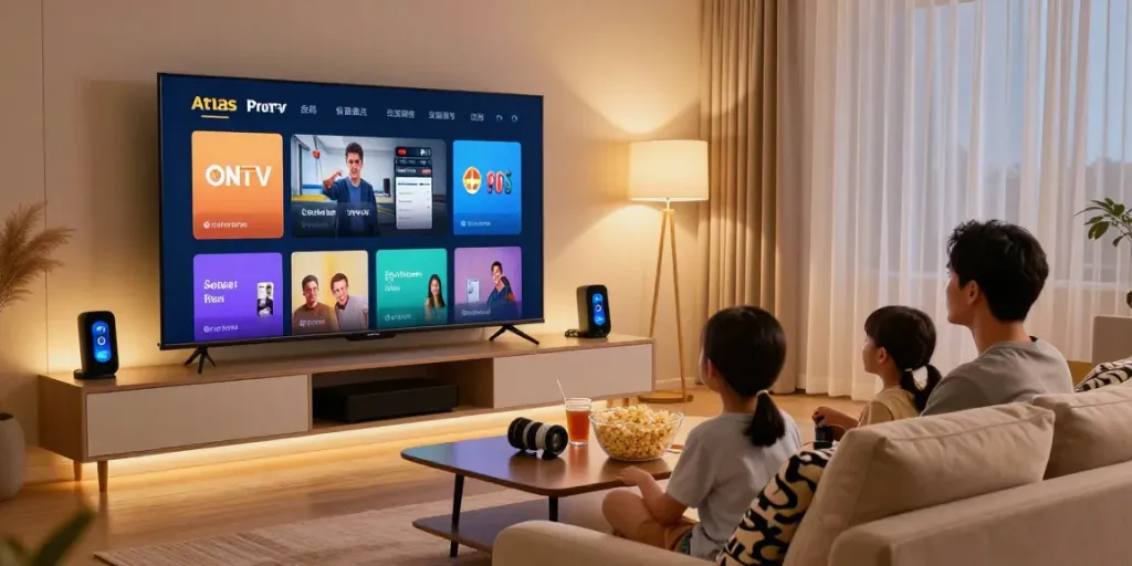 Installation de l'application atlas pro ontv sur un grand téléviseur dans un salon chaleureux.