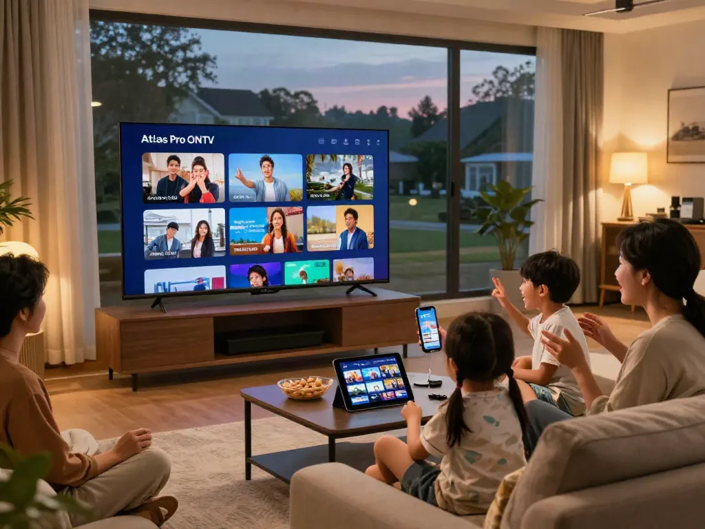 Famille profitant de l'application Atlas Pro pour une soirée cinéma à domicile, ambiance chaleureuse et conviviale.