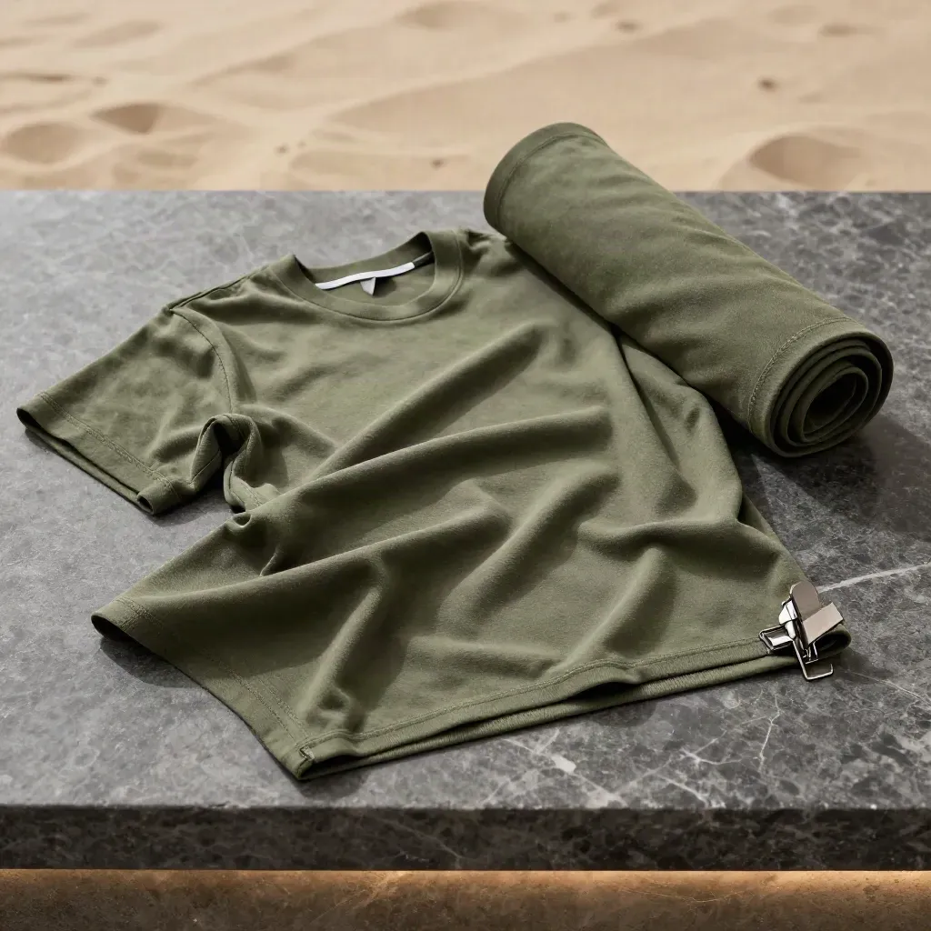 Jersey coton olive roulé avec chute froissée et pince métal sur pierre sombre.