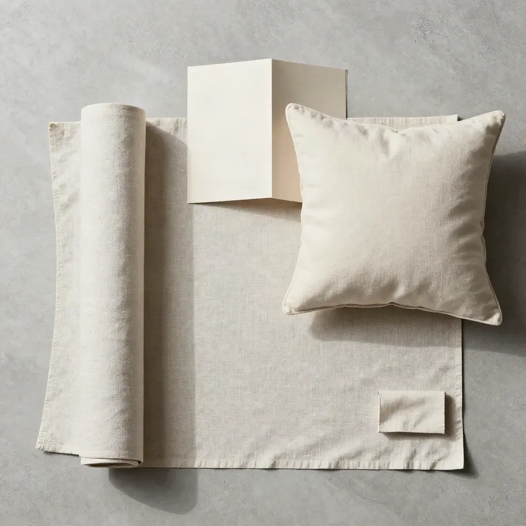 Coupon de lin d’ameublement plié en L avec coussin ivoire et passepoil, vue zénithale.