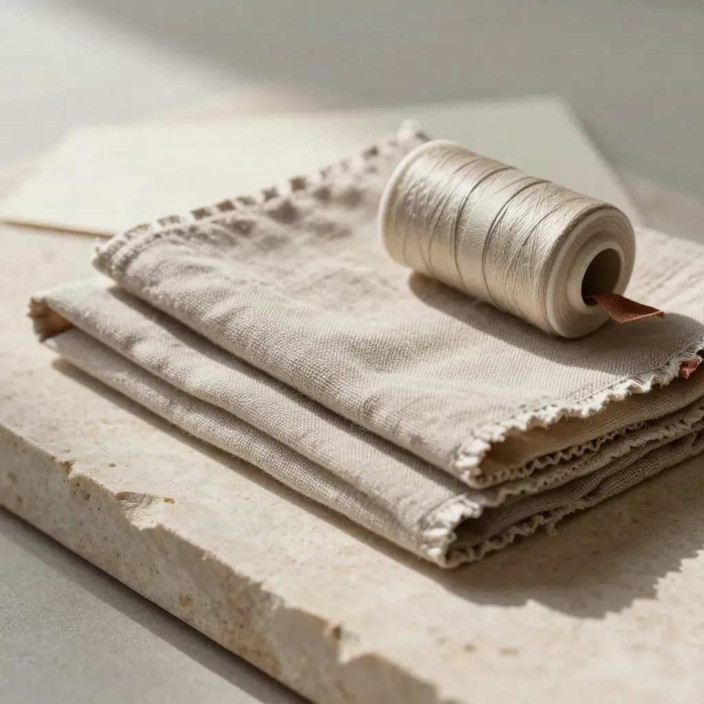 Trois coupons de coton, lin et jersey sur pierre claire avec bobine et ruban terracotta.