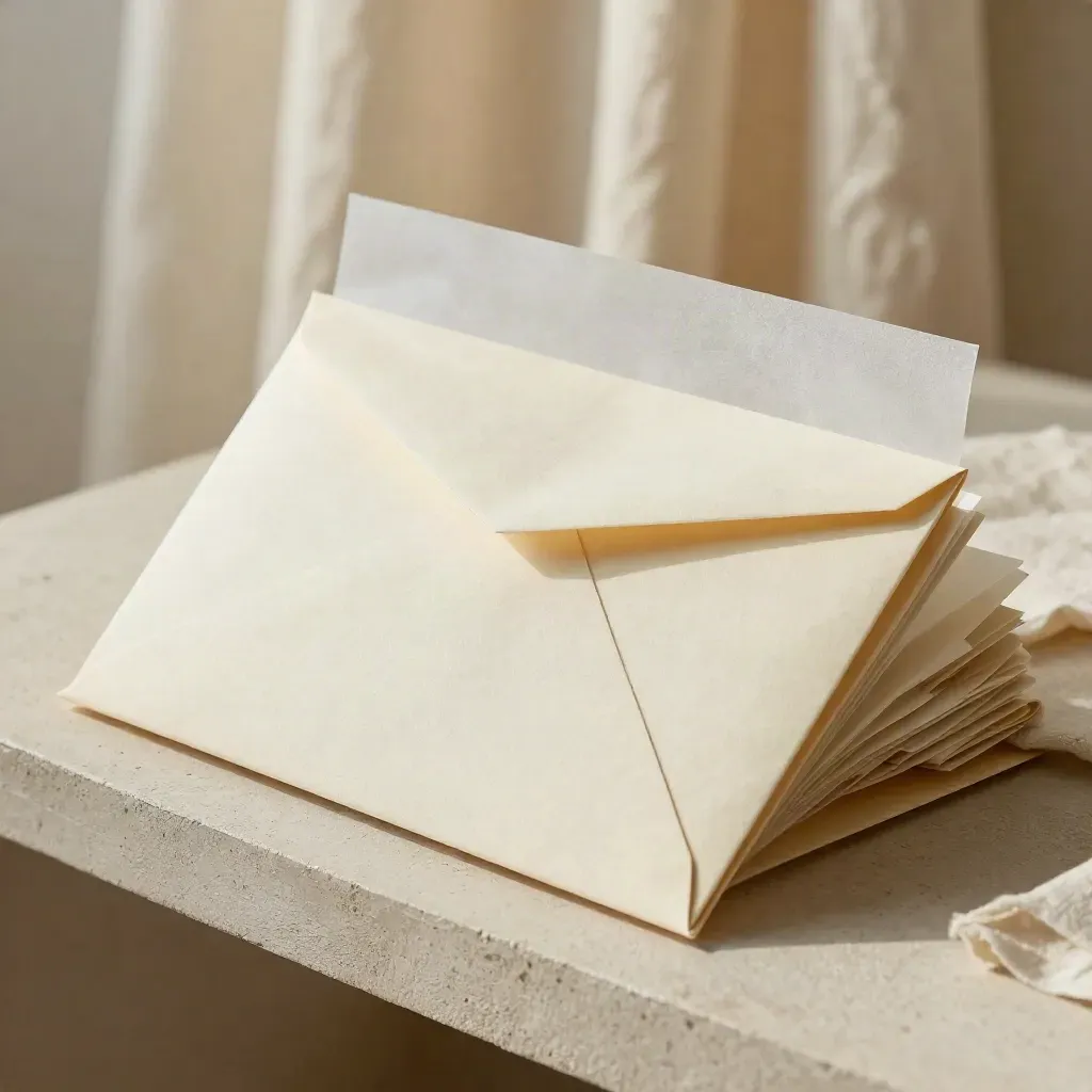 Enveloppe crème de patron ouverte avec papiers et chute de lin sur étagère en plâtre.