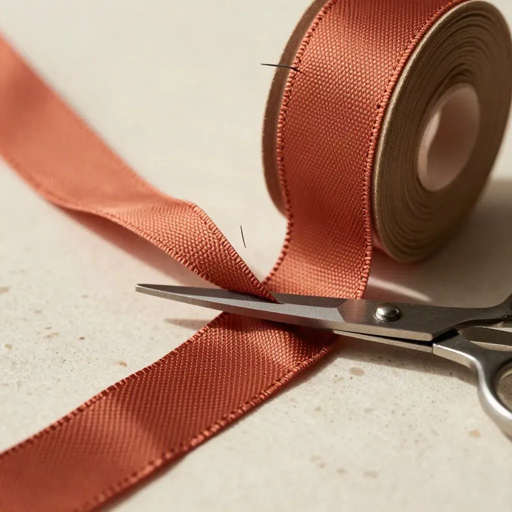 Gros plan d’un ruban sergé terracotta en boucle avec ciseaux et épingle sur plâtre clair.