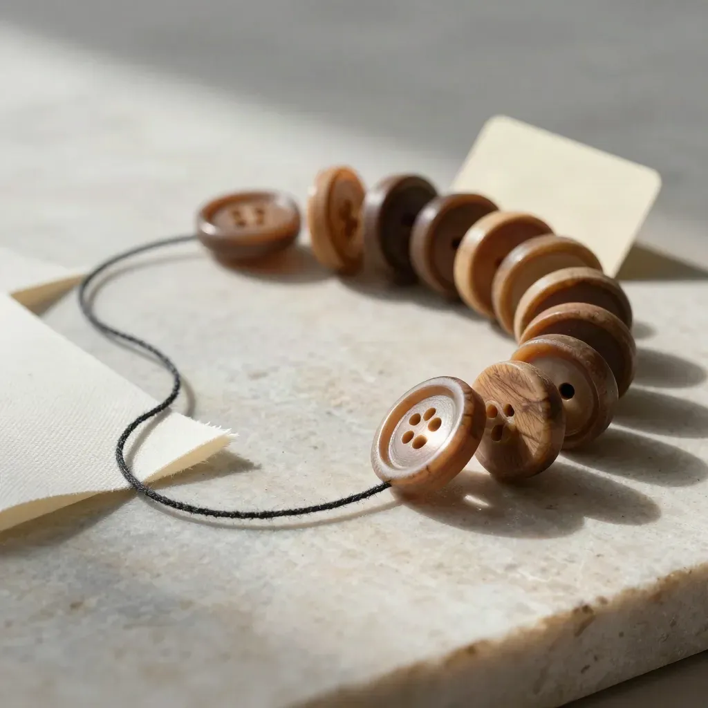Douze boutons en bois en arc avec toile brute et fil épais sur pierre claire.