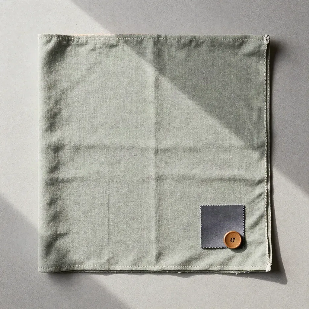 Vue zénithale d’un coupon de lin lavé sauge plié avec échantillon d’ourlet et bouton bois.