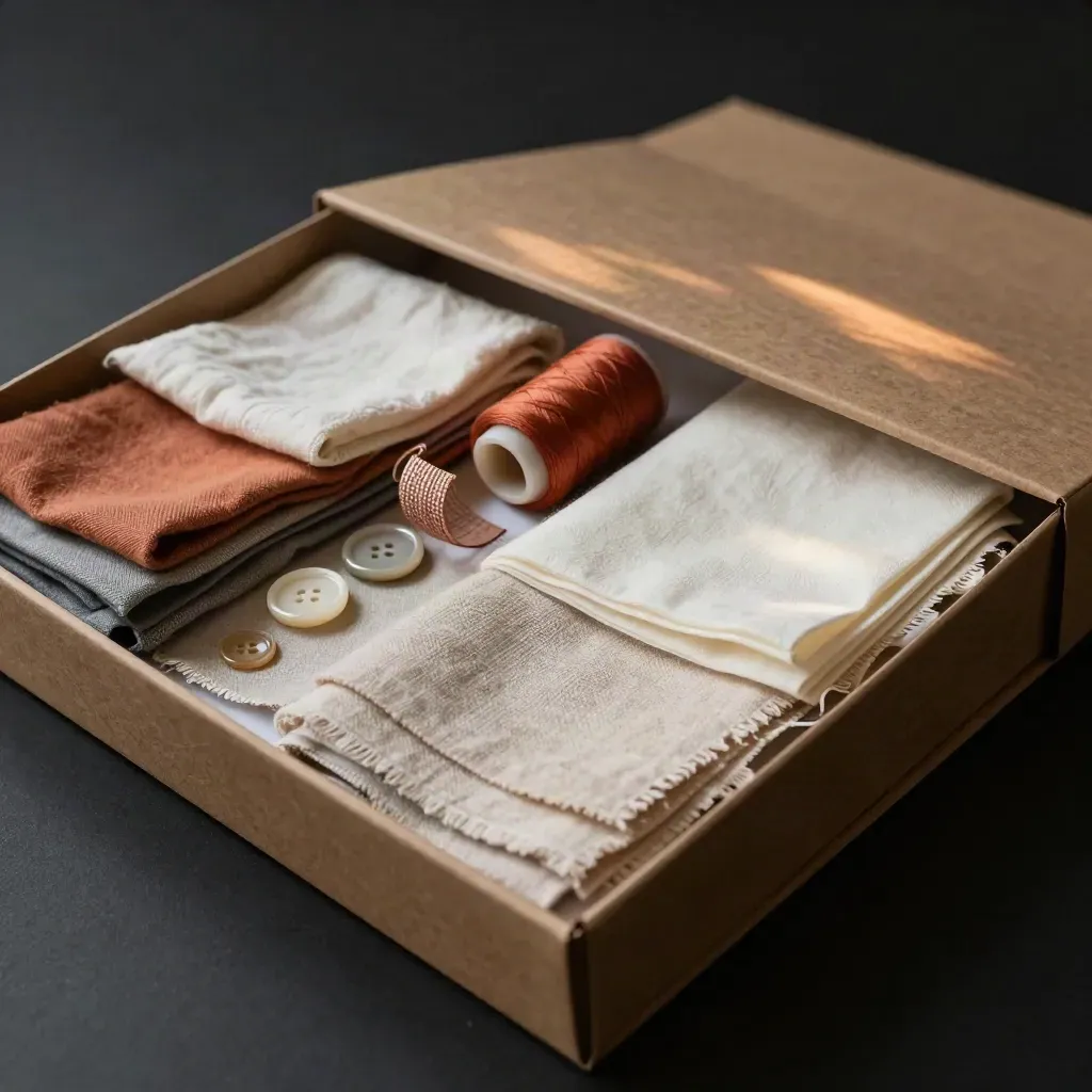 Kit couture ouvert en coffret kraft avec tissu, fil, boutons, patron et ruban sur fond sombre.