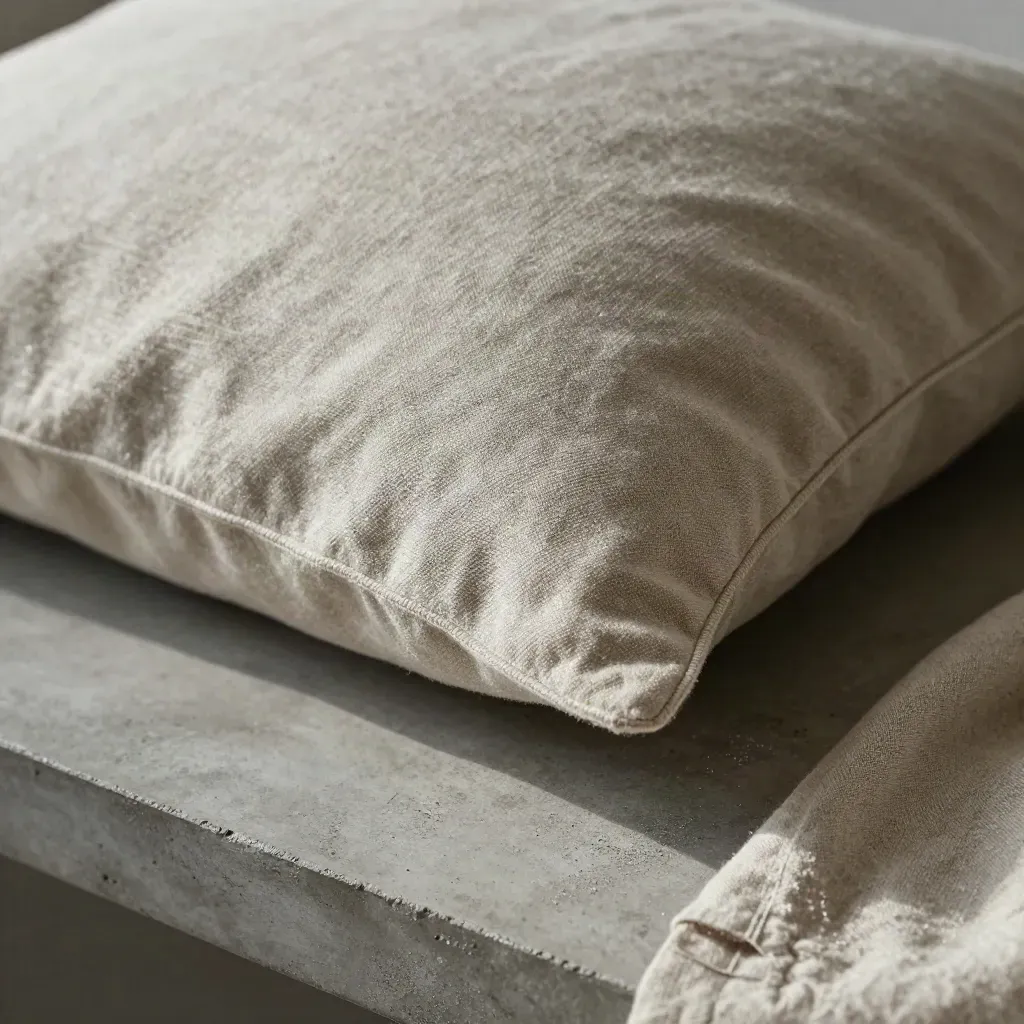 Gros plan d’une housse de coussin en lin légèrement gonflée sur béton clair.