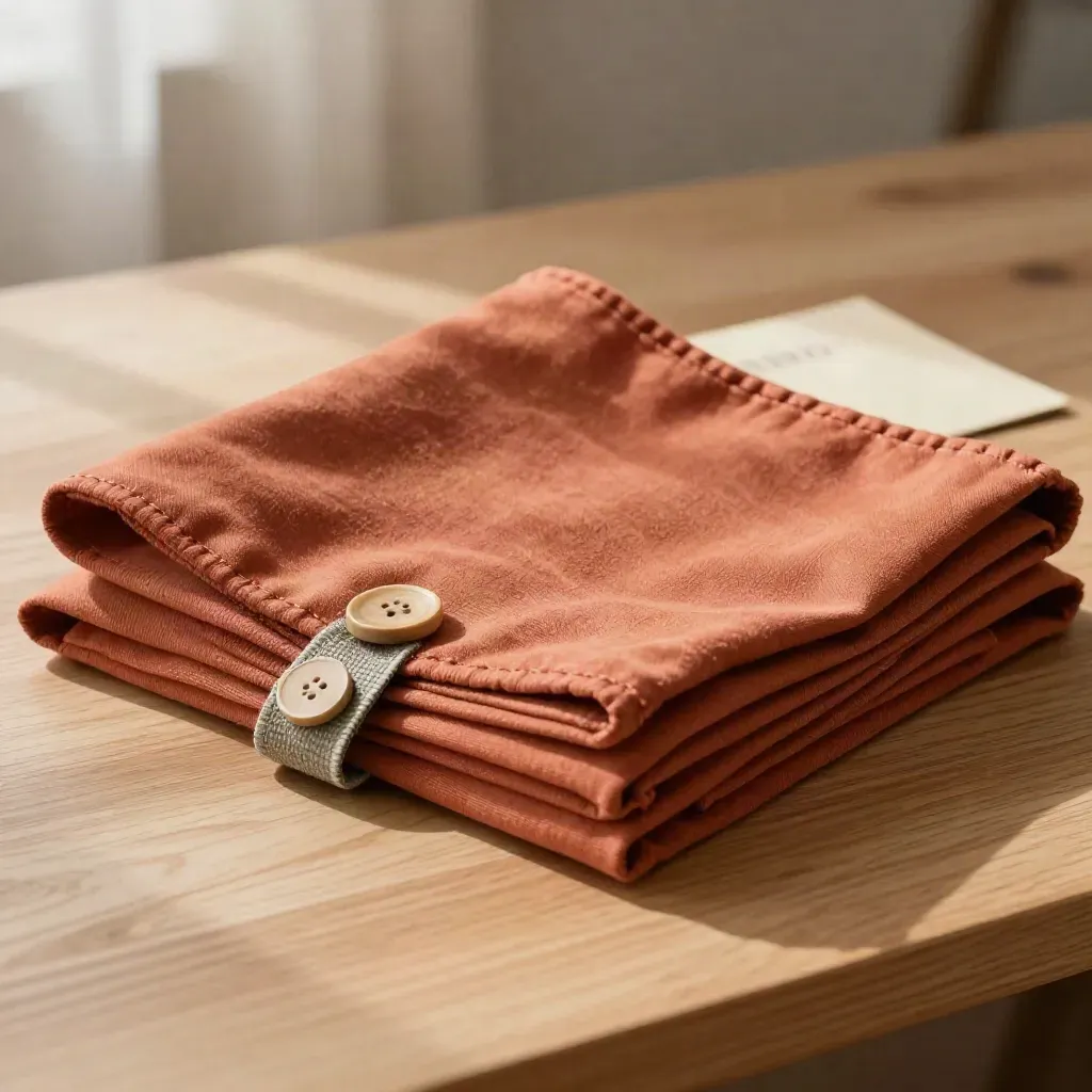 Coupon de coton terracotta plié sur bois clair, avec bouton neutre et galon sauge.