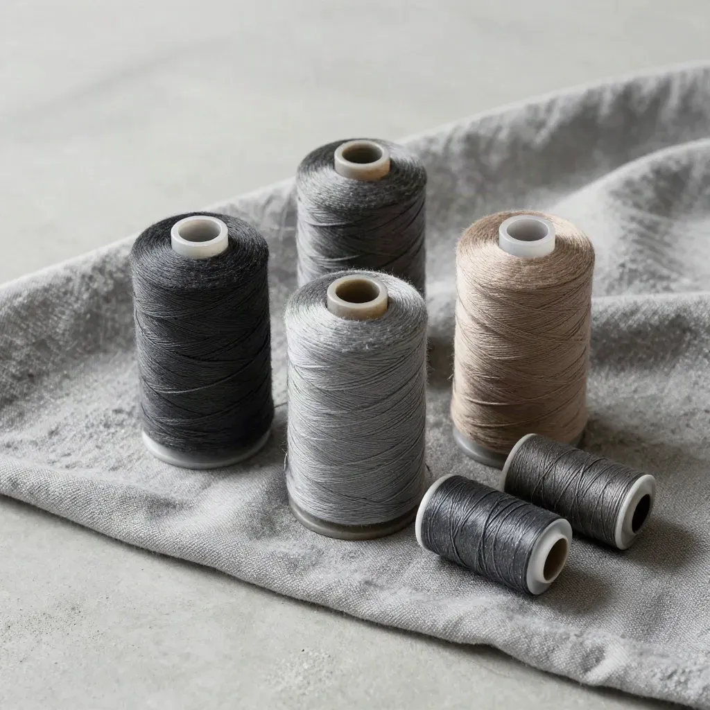 Flatlay zénithal de bobines de fil polyester gris et charbon sur béton texturé