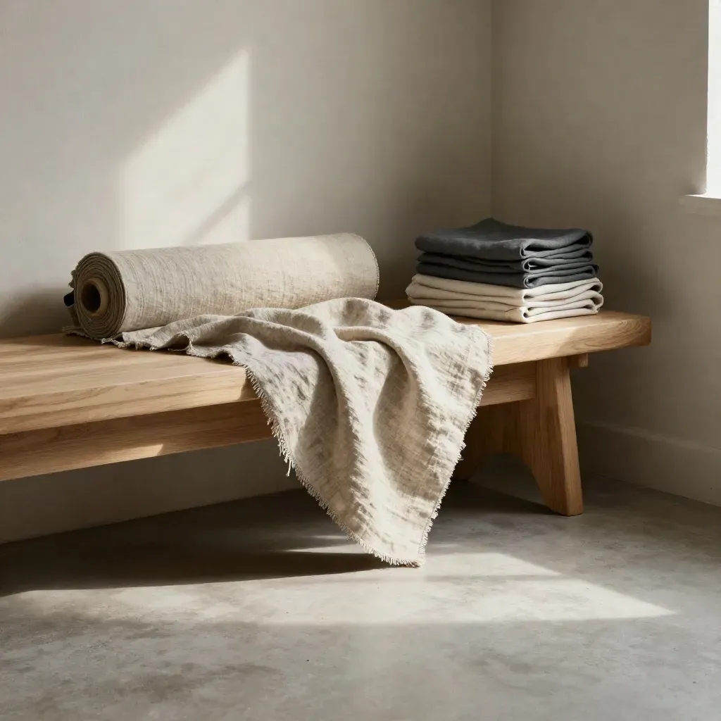 Coin d’atelier avec lin naturel, banc en bois, rideau souple et rouleau de jersey.