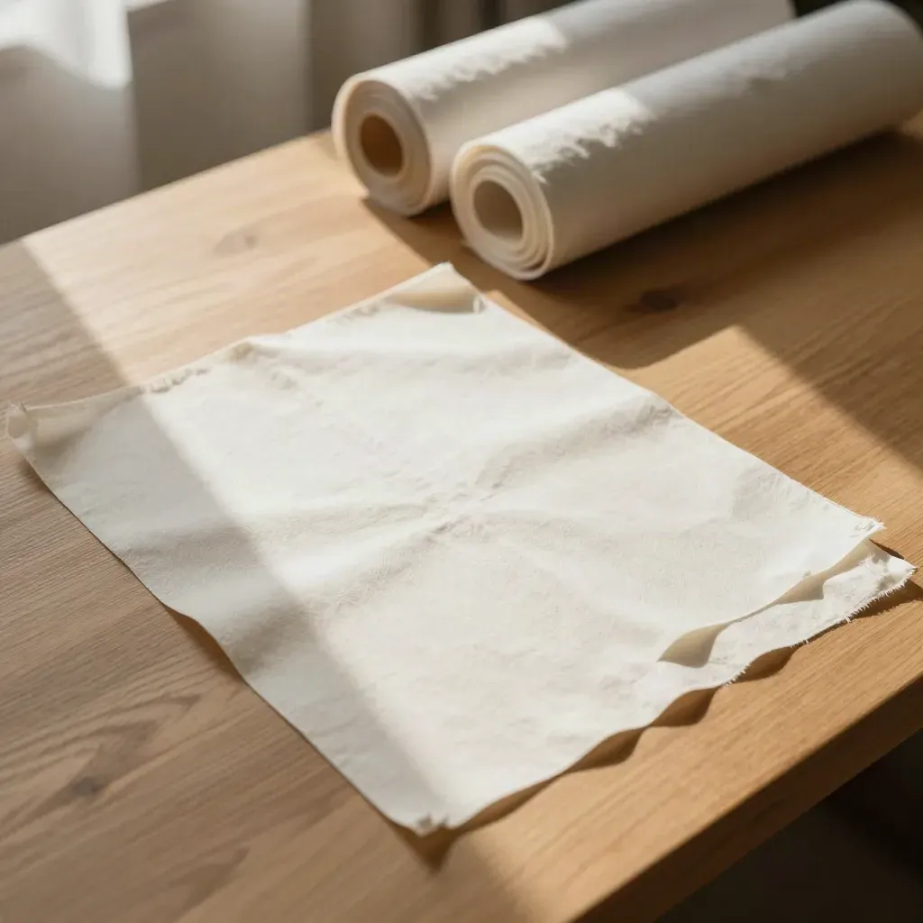 Plan de travail en bois blond, coupons de coton pliés et rouleaux en haut, lumière douce.