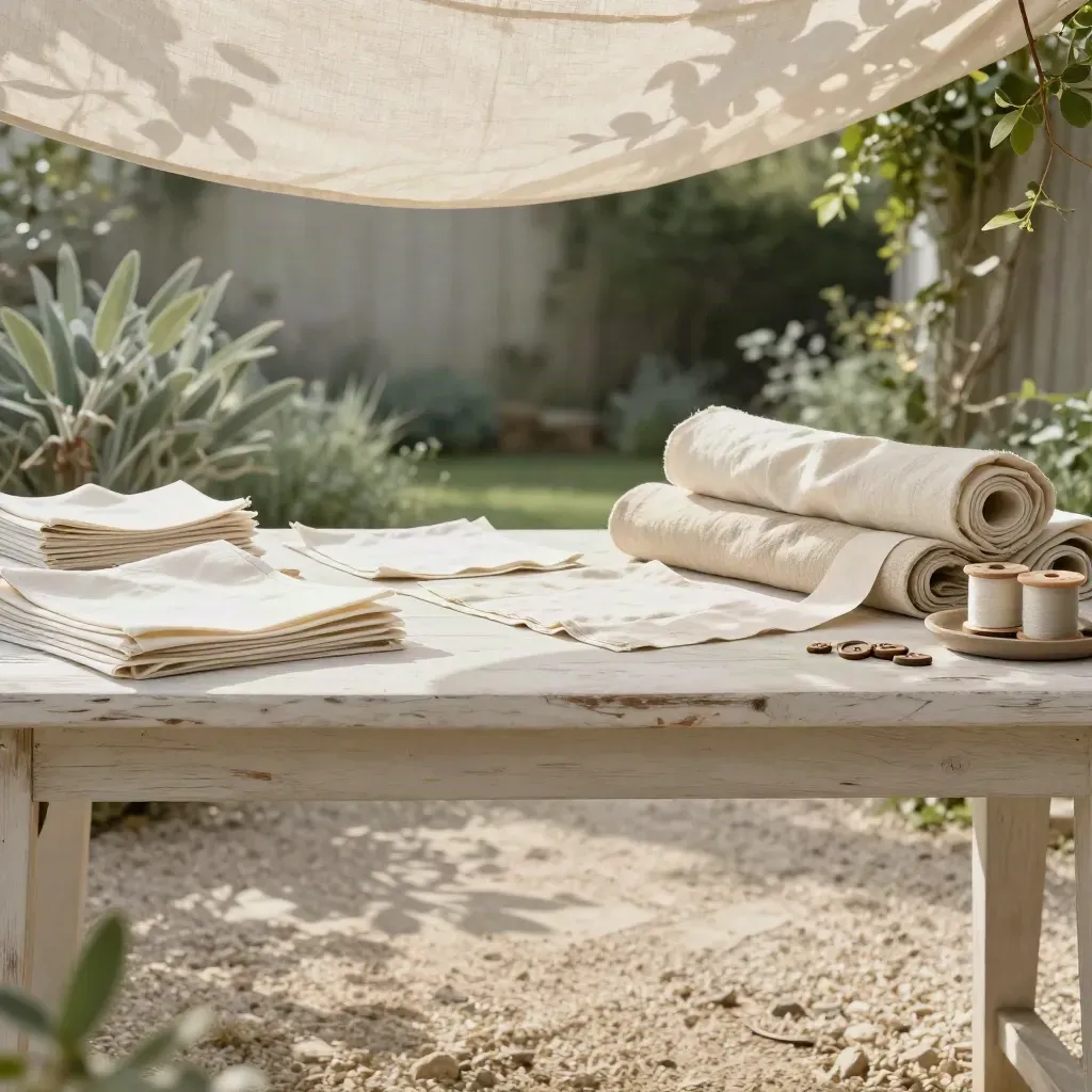 Table de coupe sous un auvent de jardin, tissus clairs, papier patron et feuillage flou.